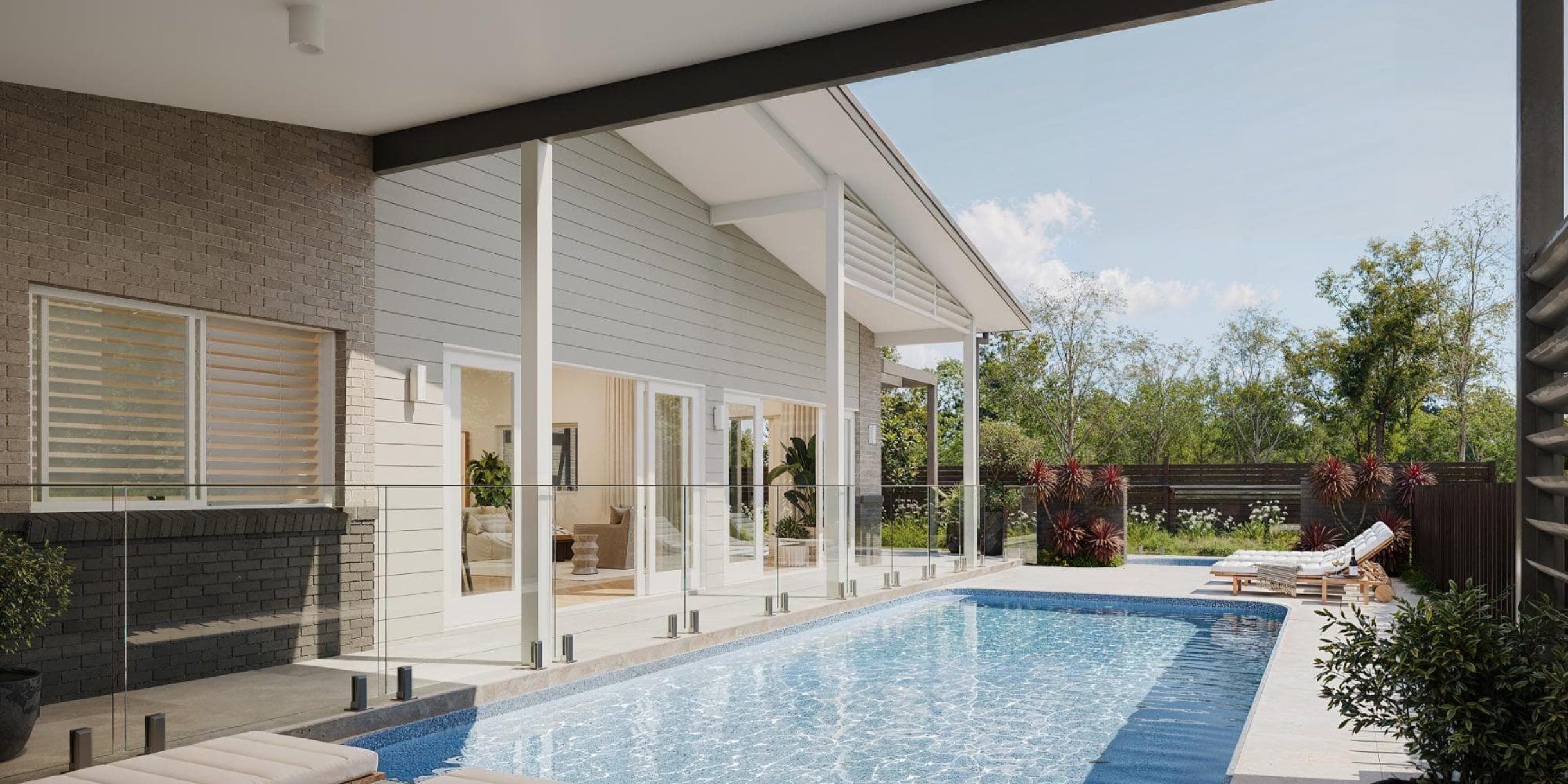 Half covered pool area at the club house at Oasis Communities