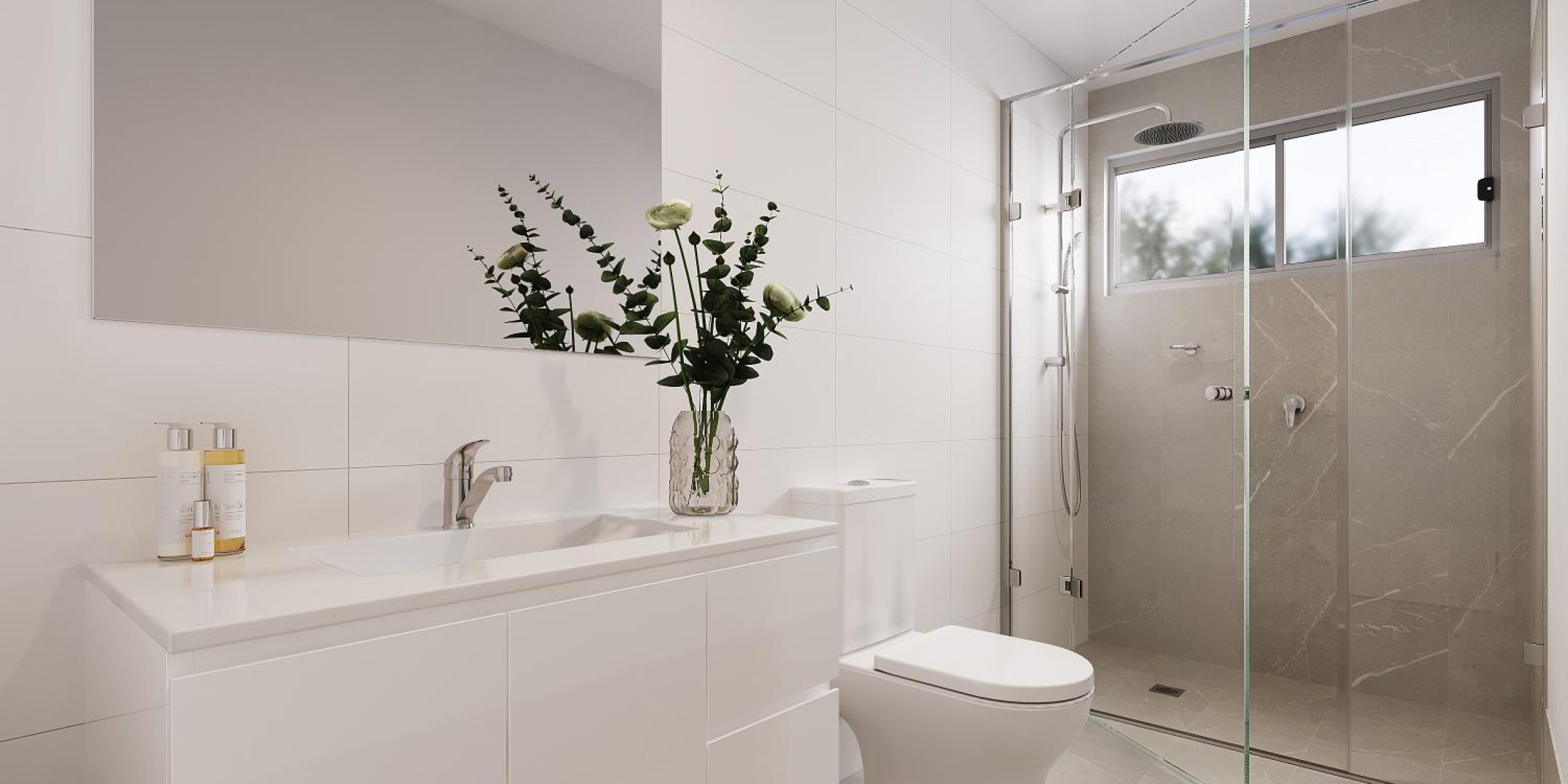 Inside a large modern bathroom in one of our Oasis Communities homes