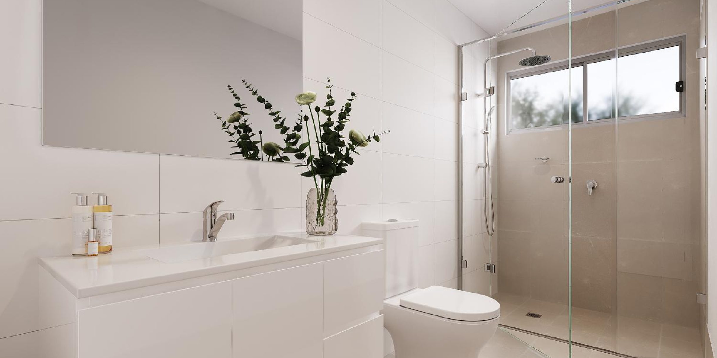 Inside a large modern bathroom in one of our Oasis Communities homes